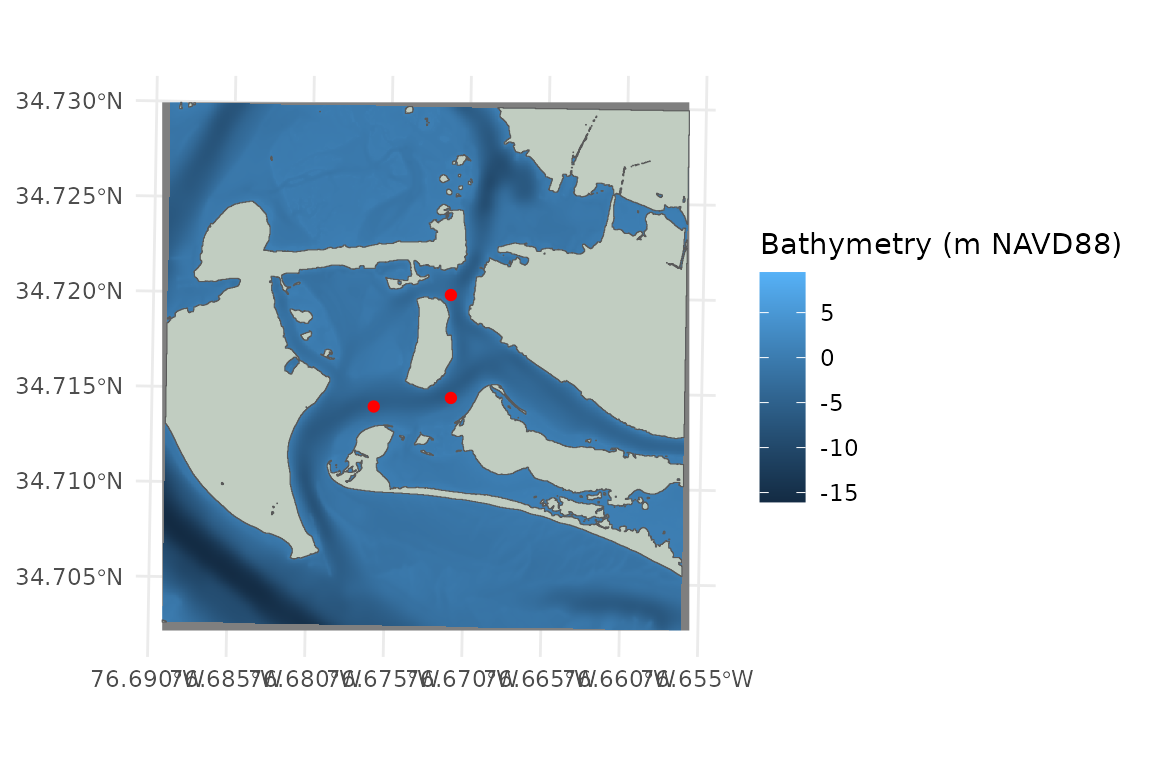 Map showing bathymetrey, shoreline, and points